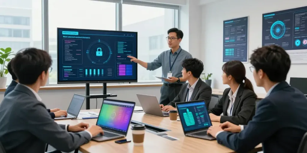 Professionelles IT-Sicherheitsteam im Büro, das an Strategien zur IT-Sicherheit arbeitet.